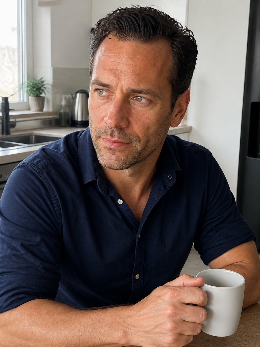 Jaxson Robins with a morning coffee in the kitchen
